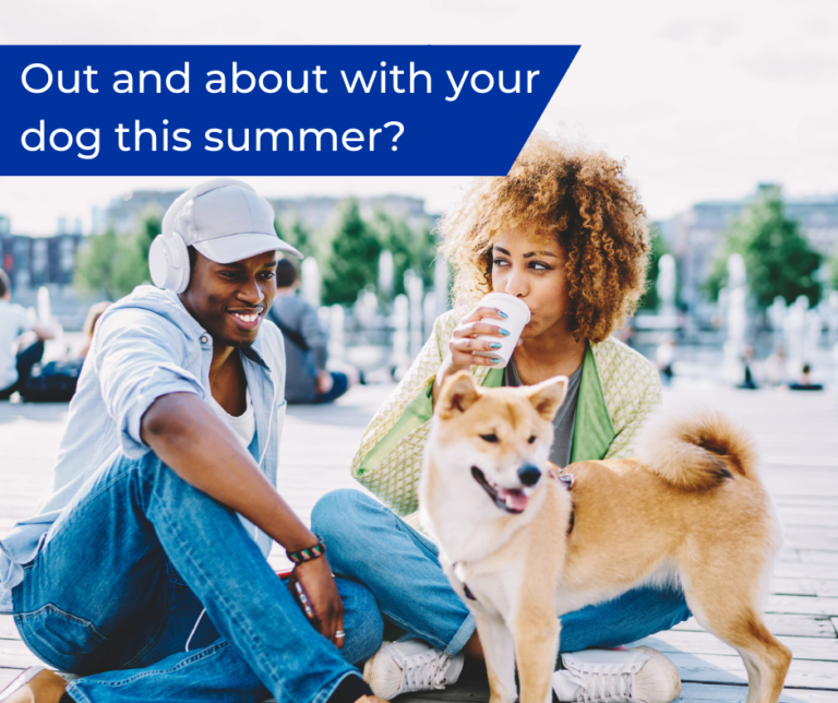 man and woman sat down with their dog drinking coffee
